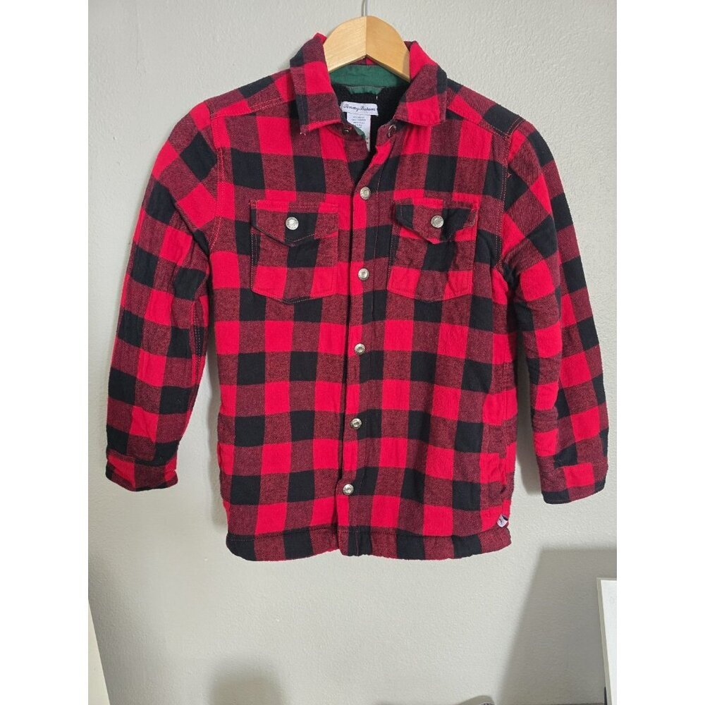 Tommy Bahama Flannel Shirt Jacket Quilted Lined Button Up Red Black L (10/12)‎